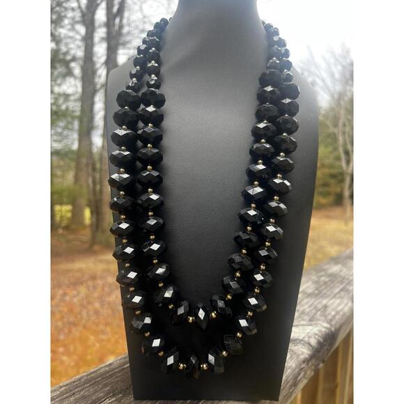 Jewelry - VTG KJL Kenneth Lane Faceted Jet Black Gold Bead Double Strand Necklace 28" Long